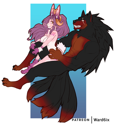 2020 4_toes 5_fingers abs anthro black_hair black_nose canid canine canis digital_media_(artwork) duo eyebrows eyelashes faint feet female fingers hair hybrid lagomorph leporid male malefemale mammal rabbit simple_background toes wolf // 937x1000 // 416KB