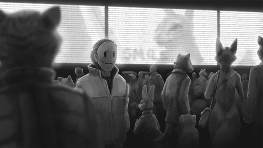 16:9 2020 ambiguous_gender ambiguous_species anthro canid canine clothed clothing felid fox fully_clothed fur greyscale group human ipoke jacket lagomorph leporid mammal mask monochrome pantherine rabbit screen tiger topwear widescreen // 1200x675 // 245.3KB