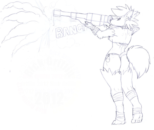 anthro clothed clothing female gnoll gun hair hyaenid mammal monochrome ranged_weapon rick_griffin solo weapon yeshka // 832x704 // 65.2KB