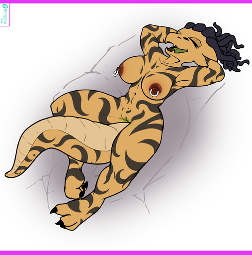 absurd_res anthro big_breasts breasts dep dragon dragonborn dreadlocks female genitals hair hi_res kobold letterbox lying nipple_piercing nipple_ring nipples non-mammal_breasts nude open_mouth piercing pussy scalie simple_background smile solo t'ava_(dashoon) tail_between_legs tattoo // 2443x2466 // 2.0MB