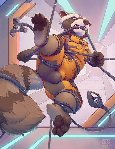 2020 4_toes anthro bite brown_body brown_fur bulge claws clothed clothing detailed_background feet fur hi_res machine male mammal pawpads paws procyonid raccoon rocket_raccoon teeth thesecretcave toe_claws toes // 989x1280 // 1.8MB