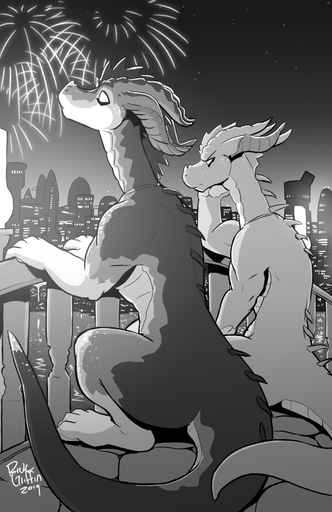 2019 ambiguous_gender building city cityscape dragon duo empty_eyes fireworks greyscale horn krakun male_(lore) monochrome night rick_griffin sarsuk sky skyscraper star starry_sky water // 607x937 // 240.8KB