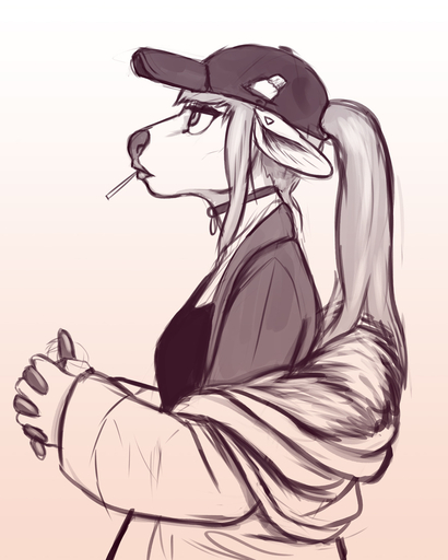 2018 4:5 5_fingers anthro baseball_cap biped cervid choker clothed clothing constance_(glopossum) digital_media_(artwork) female fingers glopossum greyscale hair hat headgear headwear jacket jewelry long_hair mammal monochrome necklace ponytail shirt side_view simple_background snout solo standing topwear trans_(lore) trans_woman_(lore) white_background // 880x1100 // 333.3KB