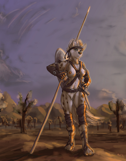 2016 abs accessory anthro armor bandolier belt biceps black_nose breasts brown_body brown_fur brown_hair cloud desert digital_media_(artwork) female fluffy fluffy_tail front_view full-length_portrait fur genitals gladiator gladiatrix hair headband hyaenid landscape mammal marsonaut melee_weapon mostly_nude navel nipples nude outside plantigrade polearm portrait pussy scabbard shield signature sky solo spear spots spotted_body spotted_fur spotted_hyena standing sword unconvincing_armor warrior weapon // 783x1000 // 1.0MB