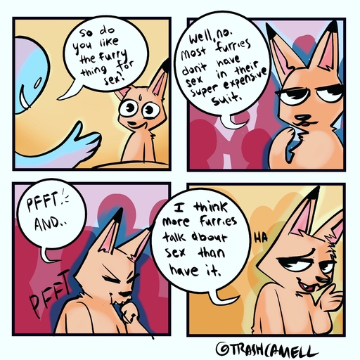 1:1 2021 absurd_res anthro bodily_fluids canid canine comic dialogue digital_media_(artwork) dipstick_ears duo english_text eyes_closed fox fur hi_res human humor laugh mammal multicolored_ears orange_body orange_fur solo speech_bubble sweat text trashcamell // 4096x4096 // 922.7KB