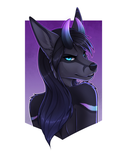 2018 4:5 ambiguous_form anthro bangs black_body black_fur black_hair black_lips black_nose blue_eyes blue_horn border bust_portrait canid canine countershading curved_horn demon digital_drawing_(artwork) digital_media_(artwork) ear_markings ears_back ears_up eyelashes facial_markings female fox frown fur fur_markings gradient_background gradient_horn grey_body grey_countershading grey_fur hair half-closed_eyes head_markings head_tilt hi_res horn inner_ear_fluff light lighting lips long_hair looking_at_viewer looking_back mammal markings narrowed_eyes outline parted_lips pivoted_ears portrait purple_background purple_horn rear_view red_fox shaded signature simple_background smile snout solo stripes teeth textured_background tuft vulpes white_background white_body white_border white_fur wyla // 960x1200 // 482.6KB