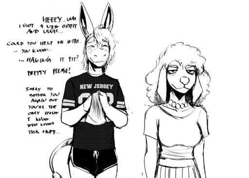 anthro asinus black_and_white bottomwear bulge canid canine canis clothing dialogue domestic_dog donk donkey duo embarrassed english_text equid equine female hi_res hladilnik horse hotpants male mammal monochrome nervous poodle shorts text // 1792x1280 // 271.2KB