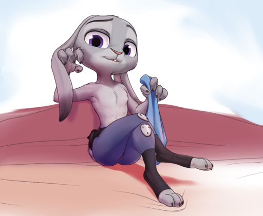 anthro breasts butt chest_tuft claws clothed clothing disney featureless_breasts female flat_chested fur grey_body grey_fur judy_hopps lagomorph looking_at_viewer mammal multi_nipple nipples purple_eyes solo stoic5 topless tuft undressing zootopia // 1117x919 // 505.9KB