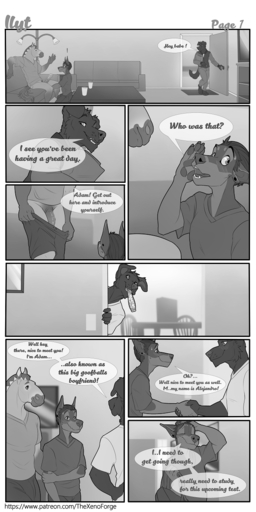 1:2 2018 adam_(xenoforge) alejandro anthro big_penis bird_dog blush bulge canid canine canis clothed clothing comic conditional_dnp dairy_products david_(xenoforge) dialogue digital_drawing_(artwork) digital_media_(artwork) dobermann domestic_dog duo english_text equid food fur genitals group hair hi_res huge_penis hunting_dog labrador male mammal monochrome muscular muscular_male nude peeking penis pinscher retriever simple_background smile speech_bubble standing text url walk-in wetness xenoforge yogurt // 640x1280 // 437.0KB