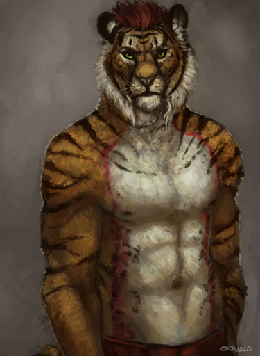 anthro clothed clothing conditional_dnp felid fur green_eyes hair looking_at_viewer male mammal mane navel nipples oouna pantherine red_hair solo stripes tiger topless // 660x900 // 354KB