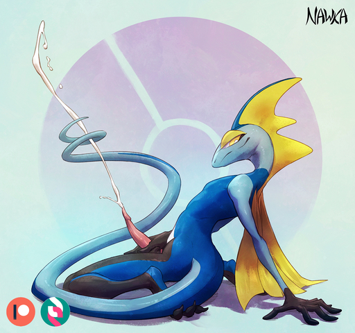 anthro black_body blue_body bodily_fluids cum cumshot ejaculating_cum ejaculation erection genital_fluids genitals hi_res holding_penis inteleon kneeling long_tail looking_at_viewer male nawka nude penis pokemon_(species) simple_background smile smirk solo video_games yellow_body yellow_eyes // 1333x1250 // 1.4MB