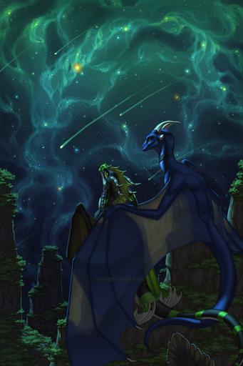 2012 2:3 claws detailed_background digital_media_(artwork) dragon duo hi_res horn katie_hofgard membrane_(anatomy) membranous_wings night outside scales scalie sitting sky spines star starry_sky western_dragon wings // 1000x1500 // 1.3MB