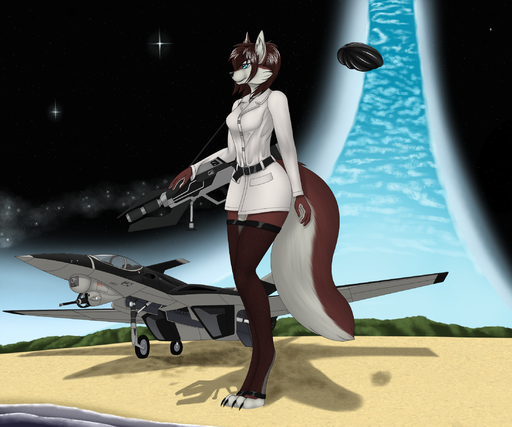 aircraft airplane anthro biped black_nose brown_body brown_fur brown_hair canid canine canis clothed clothing detailed_background digitigrade domestic_dog female fur hair hi_res husky mammal nordic_sled_dog solo spitz standing tales_foxdale wide_hips // 2200x1833 // 2.5MB