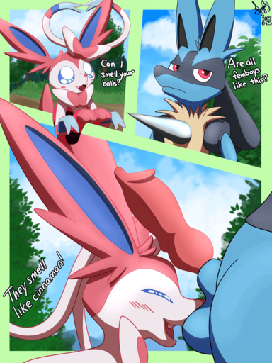 animal_genitalia animal_penis animated anthro ball_sniffing ball_worship balls blue_eyes blush canine_penis comic dialogue duo eeveelution english_text eparihser erection eyes_closed feral genitals knot lucario male malemale open_mouth outside penis pokemon_(species) red_eyes ribbons risenne rozick smile sniffing spikes standing sylveon tail_motion tailwag text video_games // 750x1000 // 4.4MB