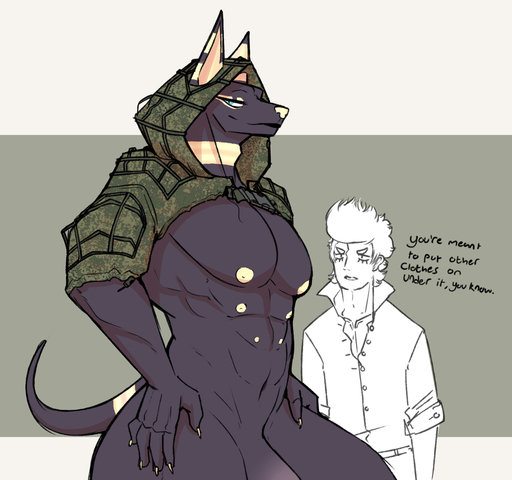 2021 abs anthro anubian_jackal black_body black_fur blue_eyes bottomless camo canid canine canis clothed clothing duo english_text fur genitals hi_res hoodie human jackal looking_at_viewer male mammal multi_nipple muscular muscular_male navel nipples osahar_(securipun) pecs penis securipun simple_background text topwear topwear_only yellow_body yellow_fur // 1510x1416 // 772.0KB