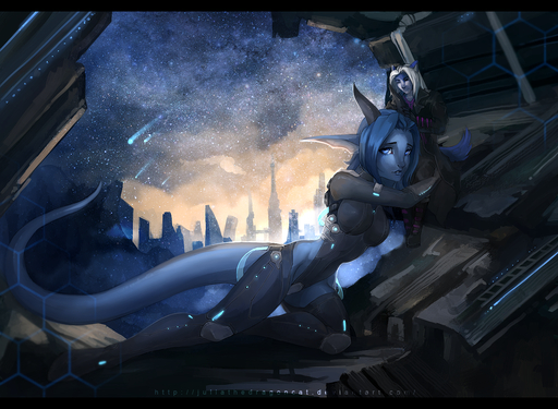 alien anthro black_bars blue_eyes blue_hair breasts clothed clothing detailed_background digital_media_(artwork) duo female hair juliathedragoncat looking_at_viewer male sky star starry_sky // 1500x1100 // 2.2MB