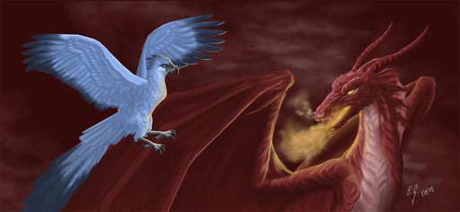 2019 avian beak bird black_beak blue_body blue_feathers breath_powers dragon duo elemental_manipulation feathers feral fire fire_breathing fire_manipulation horn membrane_(anatomy) membranous_wings red_body red_scales scales scalie teeth the-black-panther western_dragon wings // 1200x554 // 540.0KB