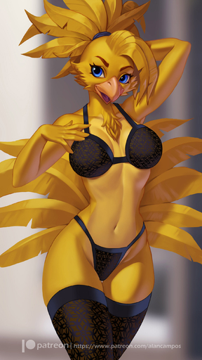 2020 5_fingers 9:16 absurd_res alanscampos anthro avian beak bird blue_eyes bra breasts chest_tuft chocobo clothed clothing digital_media_(artwork) eyelashes feathers female fingers hand_behind_head hi_res legwear lingerie navel non-mammal_breasts open_beak open_mouth panties solo stockings text tuft underwear url video_games yellow_body yellow_feathers // 1575x2800 // 469.9KB