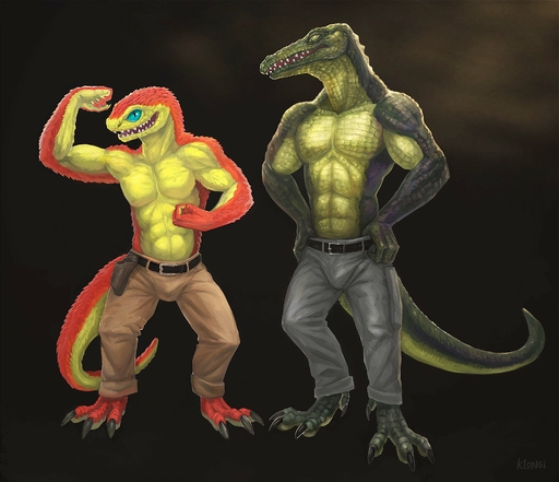 2016 abs absurd_res anthro belt biceps blue_eyes bottomwear brev claws clothed clothing countershading crocodile crocodilian crocodylid duo fangs flexing front_view full-length_portrait green_eyes hand_on_hip heljek hi_res klongi lizard looking_at_viewer male muscular muscular_male pants pecs portrait reptile scales scalie smile snake standing toe_claws topless unimpressed // 3080x2650 // 813.6KB