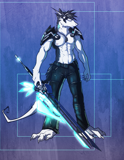 abs abstract_background anthro armor athletic barefoot belt biceps biped black_body black_fur black_hair blue_background blue_eyes bottomwear claws clothed clothing discordnight dog_tags eyewear feet fur grey_body grey_fur grey_hair hair headgear headwear jewelry male mammal melee_weapon muscular muscular_anthro necklace nightterror pants pecs pose science_fiction sergal simple_background solo standing sword toe_claws topless weapon white_body white_fur // 919x1186 // 1.3MB