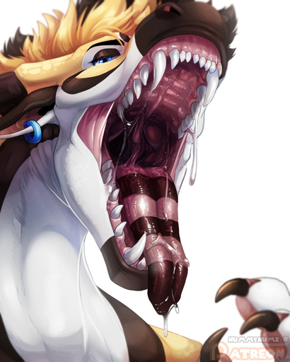 4:5 blonde_hair blue_eyes bodily_fluids dragon drooling ear_piercing feral hair hi_res male mouth_shot nummynumz open_mouth piercing saliva sharp_teeth simple_background solo teeth tongue tongue_out white_background // 1024x1280 // 241.8KB