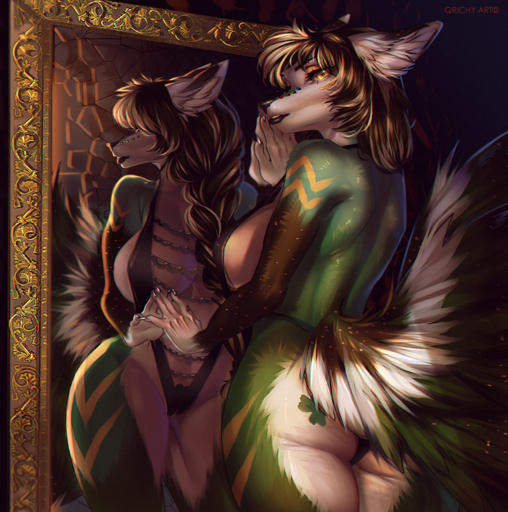 2019 absurd_res anthro big_breasts bikini biped breasts butt canid canine clothing clover_dawn_alistair digital_media_(artwork) facial_piercing female fur furgonomics furry-specific_piercing hair hi_res huge_filesize looking_at_viewer makeup mammal mirror muzzle_piercing nose_piercing piercing qrichy reflection sling_bikini solo standing swimwear yellow_eyes // 3573x3600 // 34.9MB