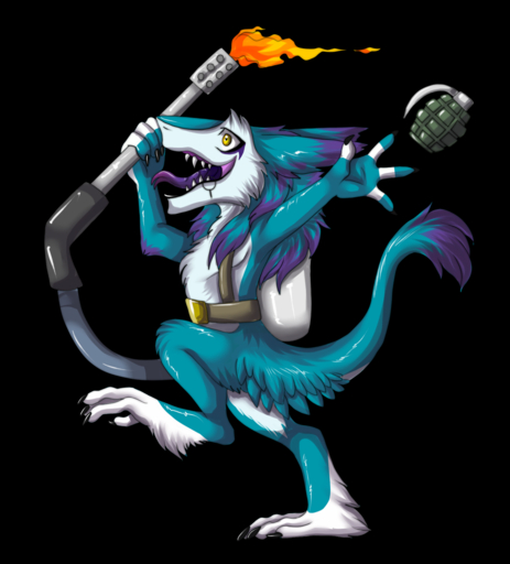 alpha_channel anthro blue_body blue_fur chibi explosives flamethrower fur grenade kymimary male mammal ranged_weapon sergal silvergrin simple_background solo transparent_background weapon yellow_eyes // 1000x1106 // 591.6KB