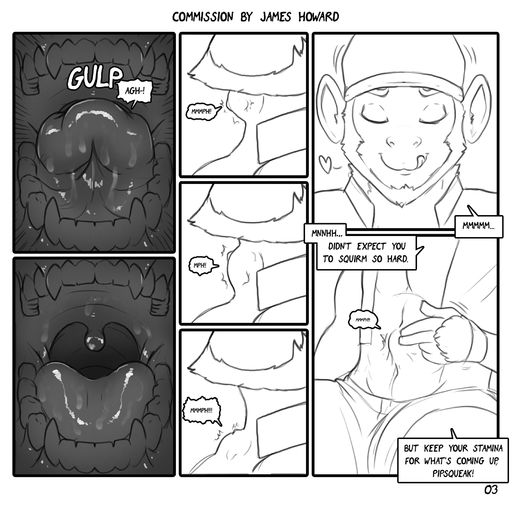 <3 abdominal_bulge anthro bodily_fluids canid canine canis clothing comic dialogue digital_media_(artwork) duo english_text facial_hair gaping_mouth haplorhine hat headgear headwear hi_res internal james_howard male malemale male_pred mammal monkey monochrome neck_bulge open_mouth oral_vore primate saliva size_difference size_play sketch soft_vore solo_focus speech_bubble text tongue vore wolf // 1821x1809 // 915.3KB