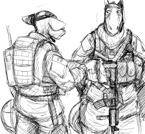 anthro armor black_and_white canid canine duo equid equine gun hladilnik horse male mammal military monochrome ranged_weapon rifle weapon // 1280x1179 // 1.8MB