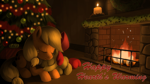 2014 accessory apple_bloom_(mlp) applejack_(mlp) blonde_hair candle christmas christmas_tree cuddling cutie_mark detailed_background duo earth_pony equid equine eyes_closed female feral fire fireplace friendship_is_magic gift hair hair_accessory hair_bow hair_ribbon hasbro holidays horse lying mammal my_little_pony plant pony red_hair ribbons sibling sister sisters sorc tinsel tree young // 1133x636 // 669.4KB