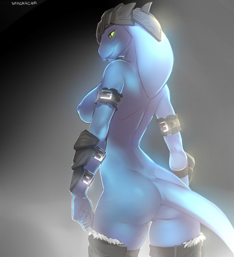 2015 anthro areola armor back_muscles biped blue_body blue_skin breasts butt clothed clothing digital_media_(artwork) female glowing glowing_eyes green_eyes looking_back mostly_nude non-mammal_breasts pupils rear_view reptile scalie simple_background skygracer slit_pupils smile snake solo standing // 1000x1099 // 312.4KB