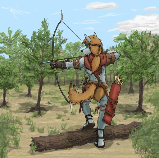 aiming anthro archer arrow baldric belt bottomwear bow_(weapon) canid canine canis clothing detailed_background footwear forest fur furgonomics gloves grey_body grey_fur hair handwear hi_res holding_object holding_sword holding_weapon leather log loincloth looking_away male mammal marsonaut melee_weapon orange_body orange_fur orange_hair plant ponytail quiver ranged_weapon rear_view sandals scabbard sheathed_weapon solo step_pose sword tail_clothing tree weapon wolf wood // 1280x1271 // 304.3KB