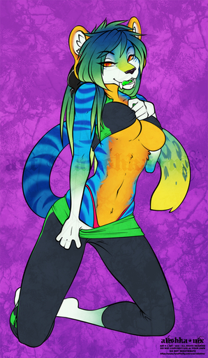 2019 alishka anthro biped blue_body blue_fur breasts clothing digital_media_(artwork) felid female fur green_body green_fur hi_res june_(qckslvrslash) kneeling leggings legwear licking licking_lips machairodontine mammal midriff multicolored_body multicolored_fur navel open_mouth orange_body orange_eyes orange_fur self_lick smile solo teeth thong tongue tongue_out underwear undressing // 745x1280 // 1.2MB