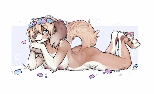 2022 4_toes 5_fingers absurd_res anthro areola blue_eyes breasts brown_body brown_fur canid canine canis digital_media_(artwork) domestic_dog eyebrows eyelashes f-r95 feet female fingers fur grass hair hi_res mammal nipples nude pawpads plant smile solo toes // 3557x2179 // 403.8KB