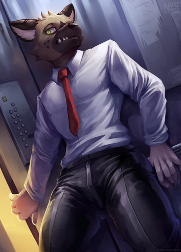 2019 anthro clothed clothing elevator fully_clothed green_eyes haida hyaenid looking_aside male mammal necktie nurinaki public solo spotted_hyena teeth // 790x1100 // 955.6KB