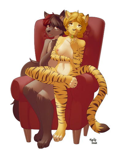 2017 anthro barefoot breasts canid canine casual_nudity chair collar collar_only crossed_legs digital_media_(artwork) duo feet felid female fur furniture grey_body grey_fur hair hi_res humanoid_hands looking_at_viewer male mammal marblesoda multicolored_body multicolored_fur navel nipples nude open_mouth open_smile orange_body orange_fur pantherine paws pink_tongue short_hair simple_background sitting smile social_nudity striped_body striped_fur stripes teeth tiger tongue white_background // 1619x2024 // 1.0MB