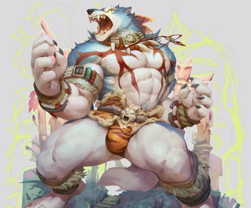 2017 5_fingers abs abstract_background anklet anthro armlet belt biceps biped black_claws black_nose blue_body blue_fur bottomwear bracelet bulge canid canine canis claws clothed clothing digital_media_(artwork) fangs fingers front_view fur jewelry male mammal multicolored_body multicolored_fur muscular muscular_anthro muscular_male necklace null-ghost open_mouth orange_bottomwear orange_clothing orange_underwear pecs pose red_body red_fur roaring snout solo standing teeth topless underwear white_body white_fur wolf yellow_eyes // 1200x998 // 160.5KB