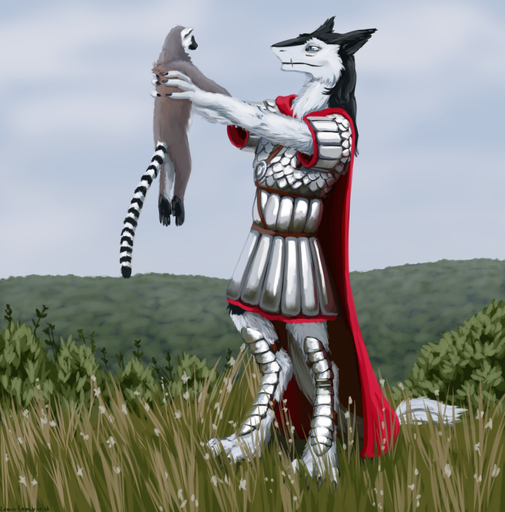 ambiguous_gender anthro armor black_body black_fur blue_eyes brown_body brown_fur cape carrying clothed clothing digital_media_(artwork) digitigrade duo feral field fur grass lemur lemurlemurovich lifting male mammal multicolored_body multicolored_fur outside plant primate ring-tailed_lemur sergal size_difference standing strepsirrhine two_tone_body two_tone_fur white_body white_fur // 1100x1116 // 976.5KB