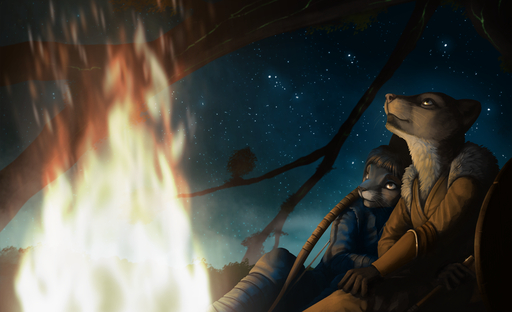2021 anthro brown_body brown_fur campfire clothed clothing detailed_background duo fully_clothed fur grey_body grey_fur ipoke mammal night outside sky star starry_sky white_body white_fur // 1280x780 // 854.3KB
