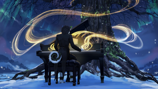 16:9 2020 anthro canid canine canis detailed_background digital_media_(artwork) domestic_dog husky keyboard_instrument lynncore male mammal musical_instrument night nordic_sled_dog outside piano plant sitting sky snow solo spitz star starry_sky tree widescreen // 1280x720 // 1.3MB