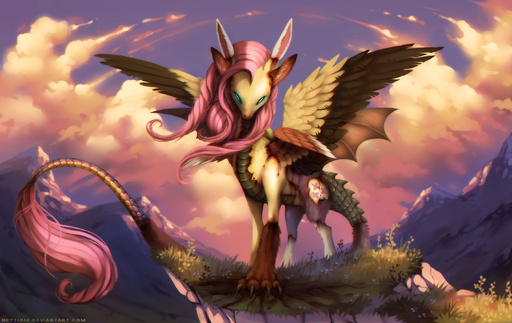 ambiguous_gender blood blue_eyes bodily_fluids brown_body brown_feathers claws cutie_mark day detailed detailed_background detailed_scales feathered_wings feathers feral fluttershy_(mlp) friendship_is_magic fur grass green_body green_scales hair hasbro hi_res looking_at_viewer membrane_(anatomy) membranous_wings my_little_pony neytirix outside patchwork_creature patchwork_monster pink_body pink_fur pink_hair plant scales sky standing wings yellow_body yellow_feathers // 2285x1440 // 578.0KB