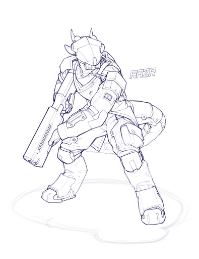 2014 ambiguous_gender anthro armor bag biped clothed clothing digitigrade gun horn ranged_weapon simple_background sketch snowskau solo standing weapon white_background // 900x1168 // 333.1KB