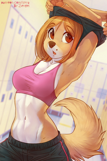 2016 2:3 abs anthro arms_above_head athletic athletic_anthro athletic_female beauty_mark blonde_hair bra breasts brown_eyes canid canine canis claws cleavage clothed clothing clothing_lift digital_media_(artwork) domestic_dog eyebrows female fluffy fluffy_tail fur hair inside iskra locker locker_room mammal midriff navel open_mouth shaded shirt shirt_lift short_hair solo sports_bra surprise text topwear underwear undressing vika_(iskra) white_body white_fur yellow_body yellow_fur // 600x900 // 992.8KB