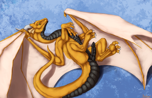 3_toes black_penis claws dragon erection feet feral genitals green_eyes hi_res knot lying male membrane_(anatomy) membranous_wings nude on_back orange_body orange_scales penis scales scalie smile solo stardragon102 toes western_dragon wings // 1660x1078 // 2.2MB