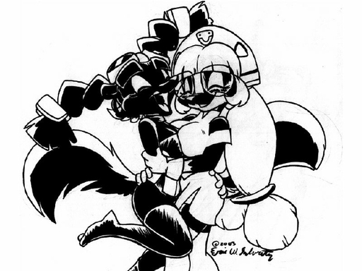 2003 4:3 anthro black_and_white clothing costume duo eric_schwartz female gluko mammal mephitid mon_colle_knights monochrome pen_(artwork) skunk stacey_(disambiguation) tracey traditional_media_(artwork) // 800x600 // 86.8KB