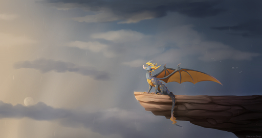 2019 4_toes claws day detailed_background digital_media_(artwork) dragon feet feral hi_res horn icelectricspyro male membrane_(anatomy) membranous_wings outside raining scales scalie sitting sky solo spines toes western_dragon wings // 2300x1219 // 1.9MB
