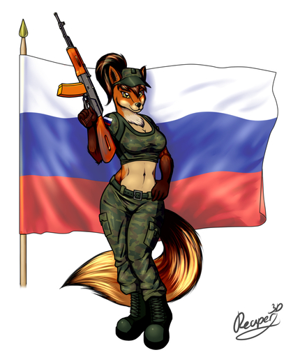 ak-74 anthro boots breasts brown_hair canid canine cleavage clothed clothing female flag footwear fox gun hair hat headgear headwear hi_res holding_gun holding_object holding_weapon mammal midriff navel ranged_weapon reaper3d red_fox rifle russian_flag solo vulpes weapon yellow_eyes // 1280x1524 // 978.2KB