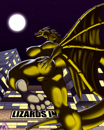 3_heads 4_toes anthro breasts building butt crossgender detailed_background digital_media_(artwork) dragon english_text feet female genitals godzilla_(series) hi_res hindpaw hydra kaiju king_ghidorah macro membrane_(anatomy) membranous_wings moon multi_head night non-mammal_breasts outside paws presenting pussy red_eyes sharp_teeth sky solo star teeth text toes toho wings yellow_body zp92 // 1000x1239 // 975.4KB