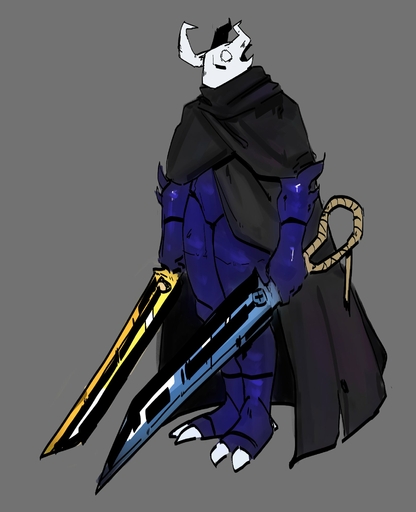 anthro armor arthropod blue_sword cloth dual_swords dual_wielding fecharis goonie-san hi_res holding_object holding_weapon hollow_knight horn insect male solo team_cherry video_games weapon yellow_sword // 1592x1961 // 181.1KB