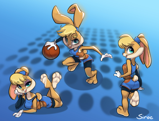 2021 3_toes 4_fingers absurd_res action_pose anthro ball barefoot basketball_(ball) basketball_jersey basketball_uniform blonde_hair blue_bottomwear blue_clothing blue_eyes bottomwear bouncing_breasts breasts buckteeth butt clothed clothing countershade_feet countershading digital_media_(artwork) earband feet female fingers foot_focus gloves hair handwear hi_res lagomorph leporid lola_bunny looking_at_viewer looking_back looking_back_at_viewer lying mammal multiple_poses on_front open_mouth open_smile pose rabbit rear_view scut_tail signature simple_background siroc smile soles solo sportswear teeth toes uniform white_clothing white_gloves white_handwear // 3884x2948 // 6.2MB